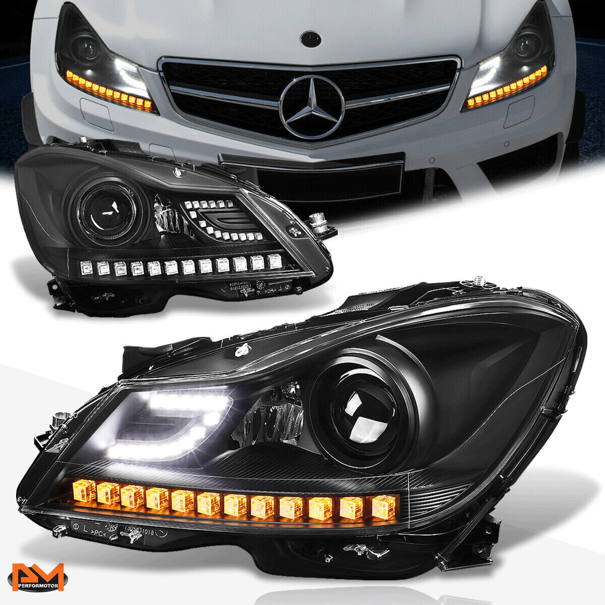 For 12-15 Mercedes C-Class Projector Headlight/Lamp W/3D LED DRL Black Housing