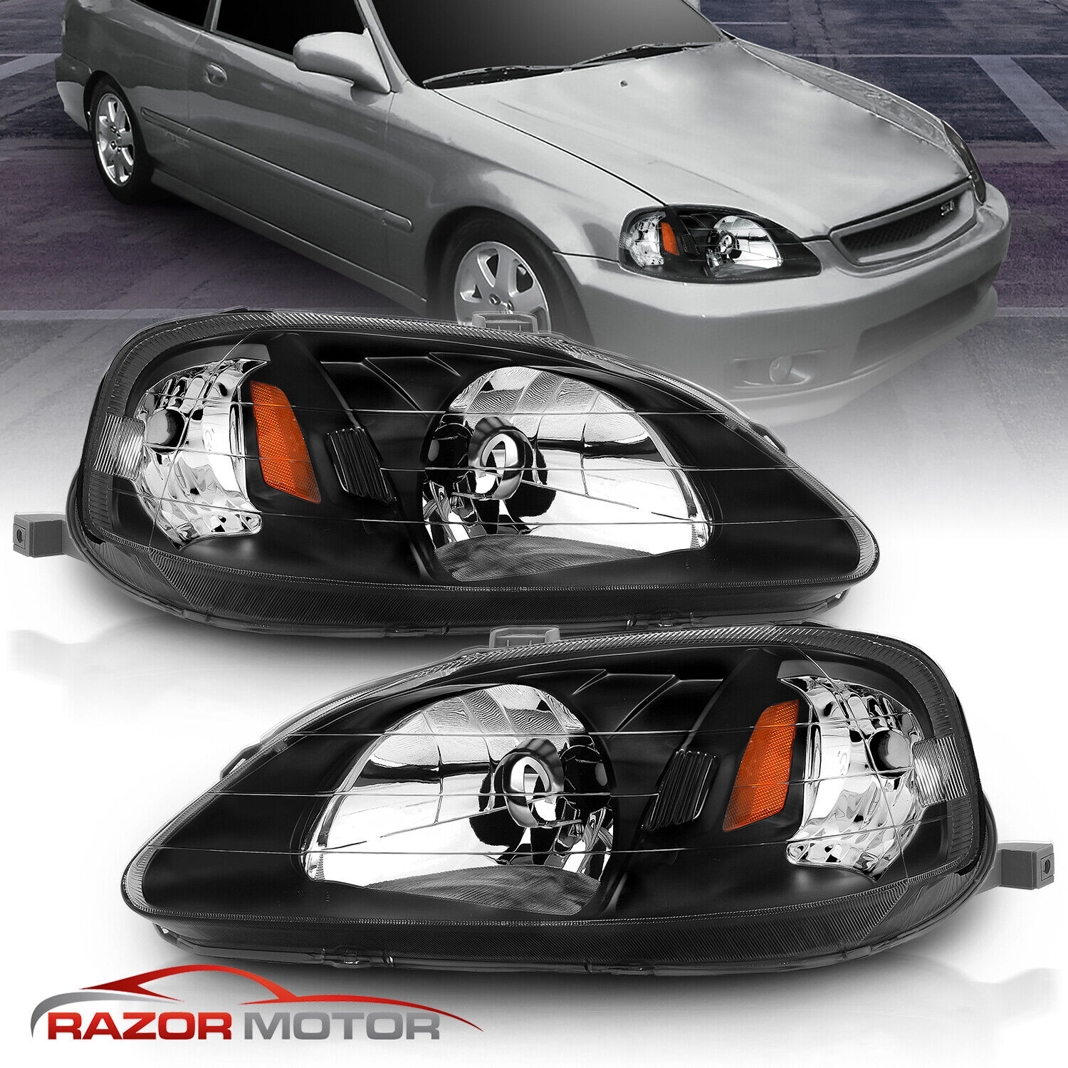 1999-2000 Replacement Black Headlights for Honda Civic 2/3/4 Door  EK/EJ/EM/JDM