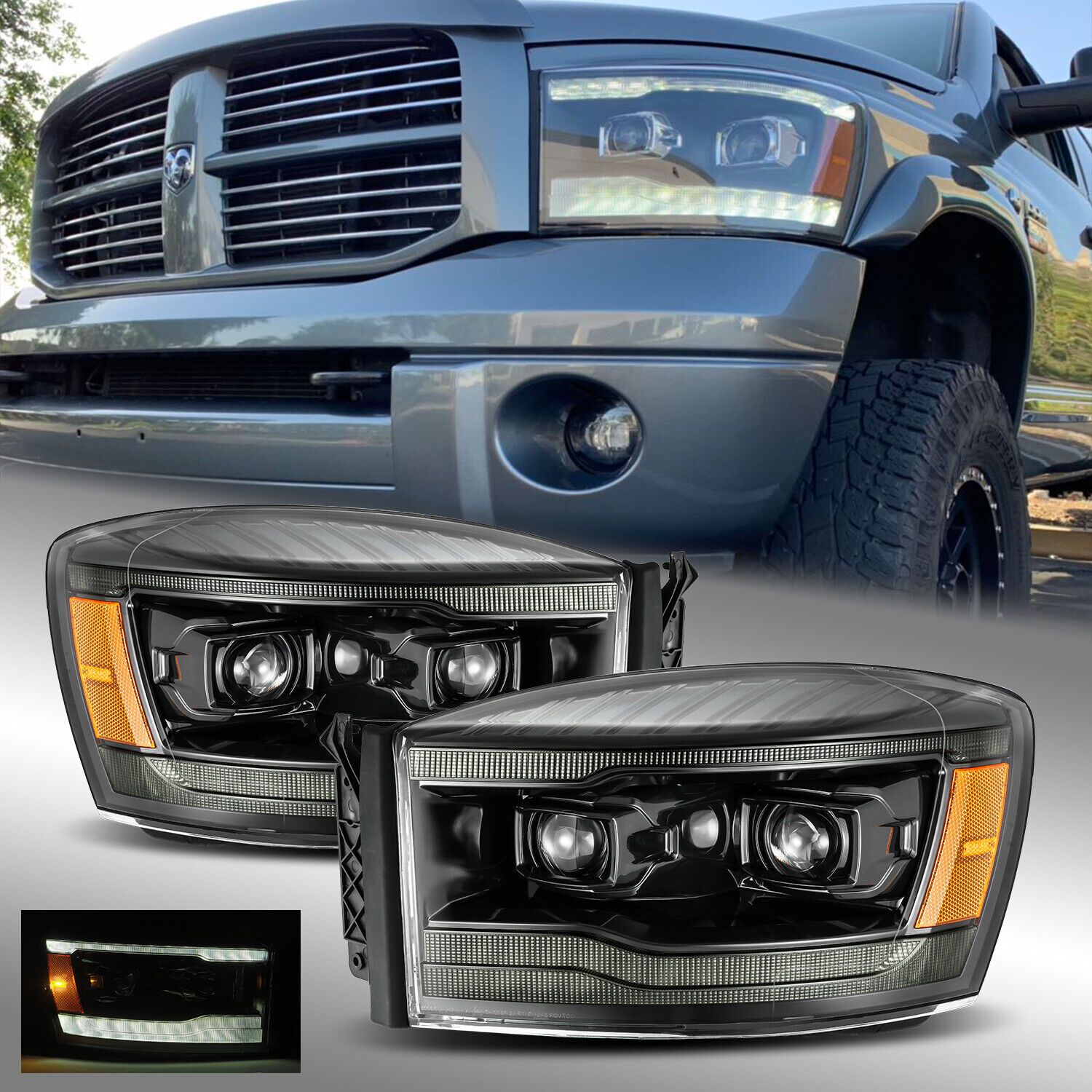 Fit 06-09 Dodge Ram LED DRL Signal Projector Headlights Polished Black