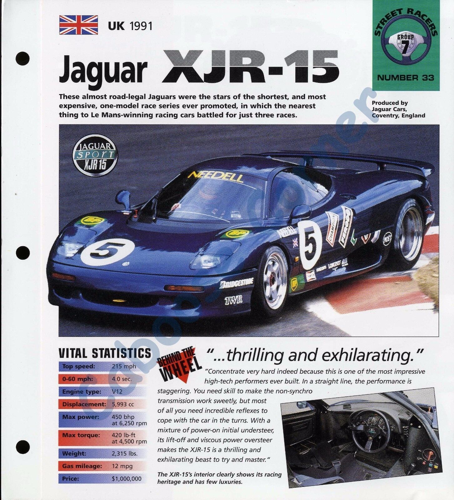 Jaguar XJR-15 IMP Hot Cars Brochure Specs 1991 Group 7, No 33