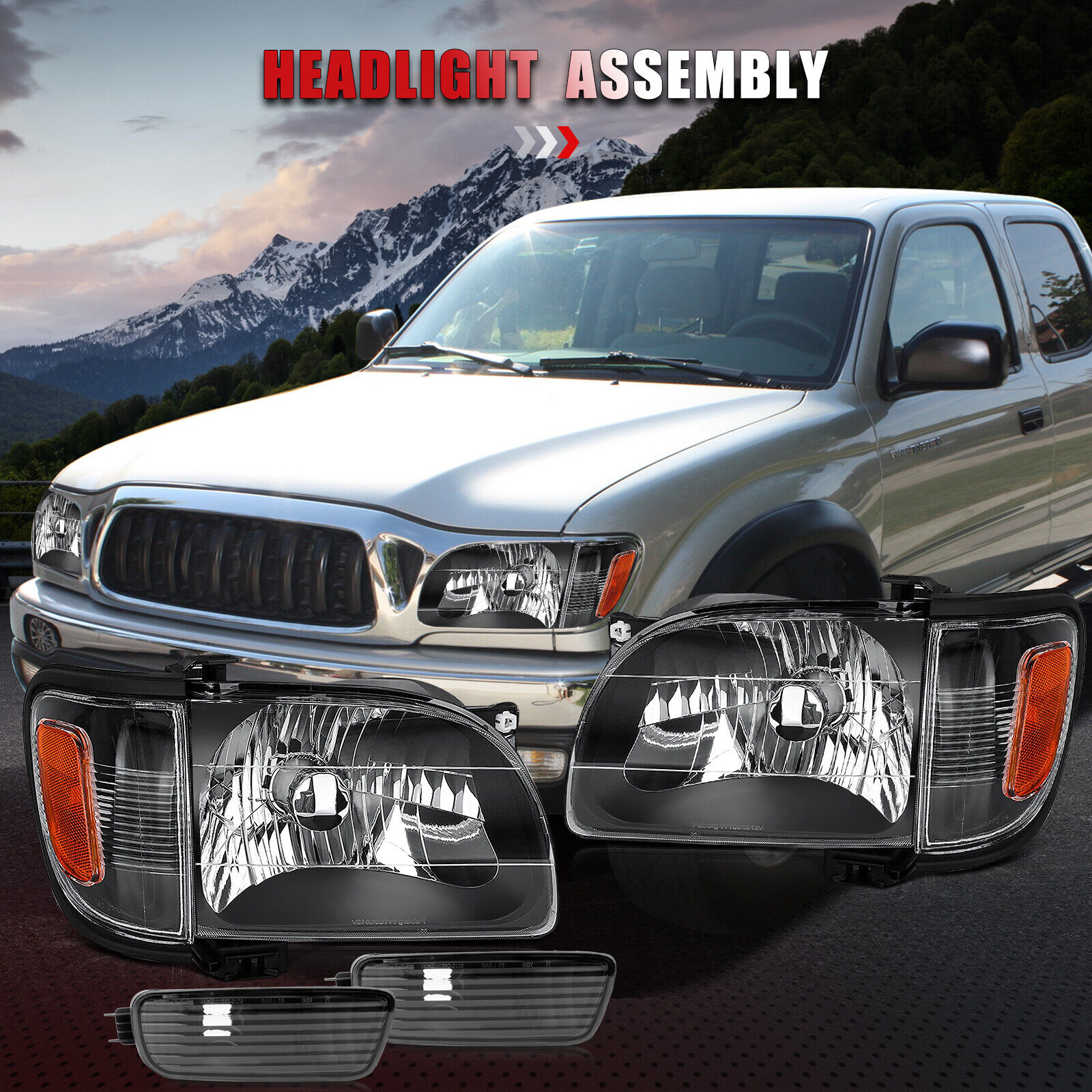For Toyota Tacoma 2001-2004 Front Headlights Black Headlamps + Bumper Light Pair
