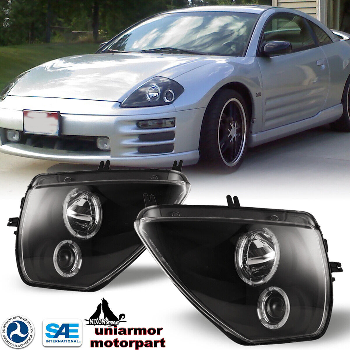 For 00-05 Mitsubishi Eclipse Dual Projector LED Halo Headlights Headlamp Black