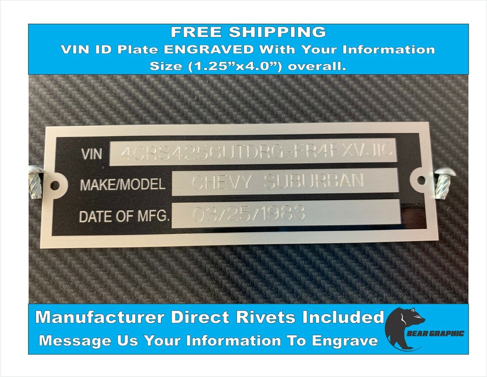 SERIAL ID TAG PLATE DATA ENGRAVED WITH INFORMATION 