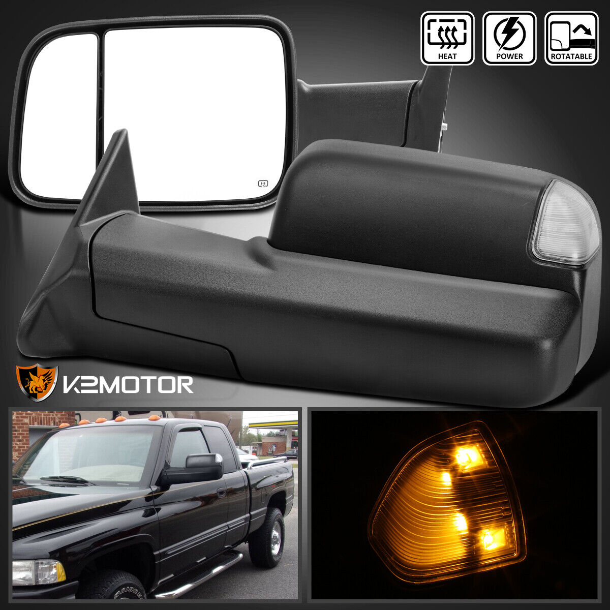 Fits 1998-2001 Ram 1500 1998-2002 2500 3500 Power Heated Tow Mirrors+LED Signal