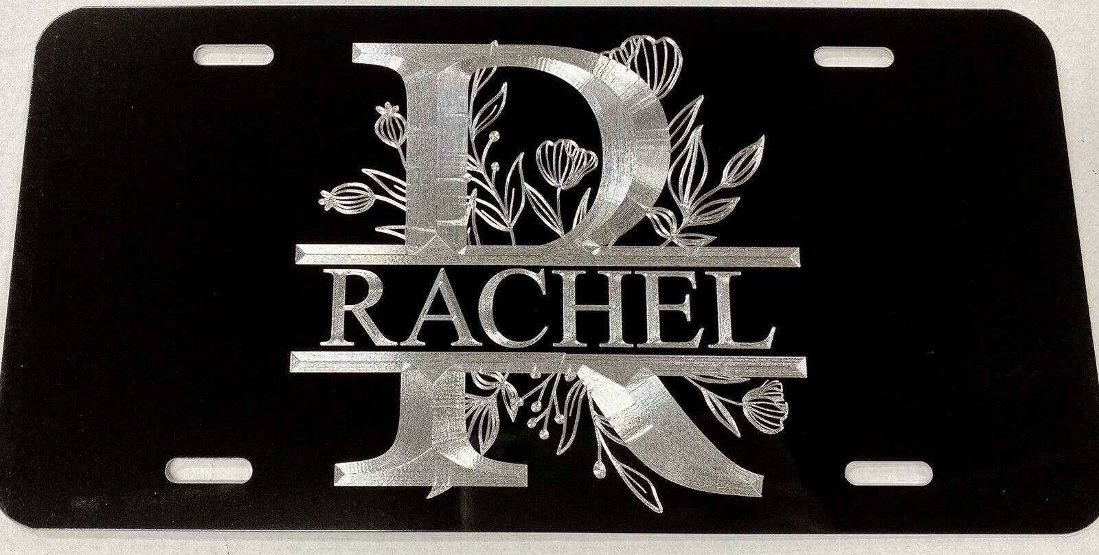 Custom YOUR Name Engraved in Flowers Car Tag Diamond Etched Metal License Plate