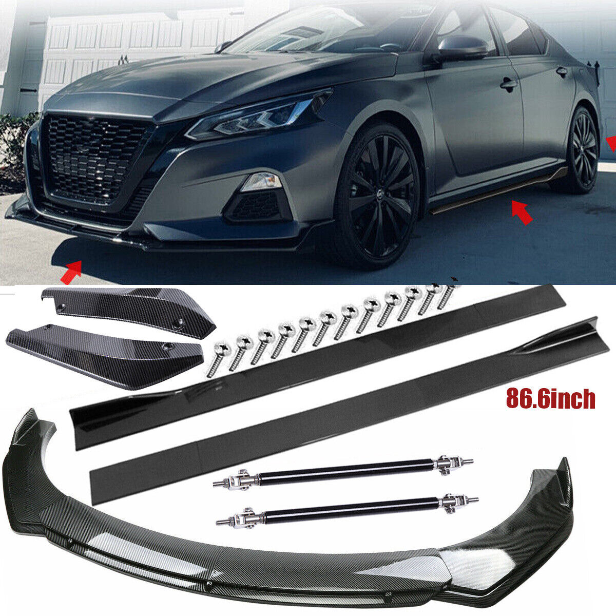 Carbon Fiber Front Bumper Lip/Side Skirt/ Strut Rods For Nissan Altima 2019-2022