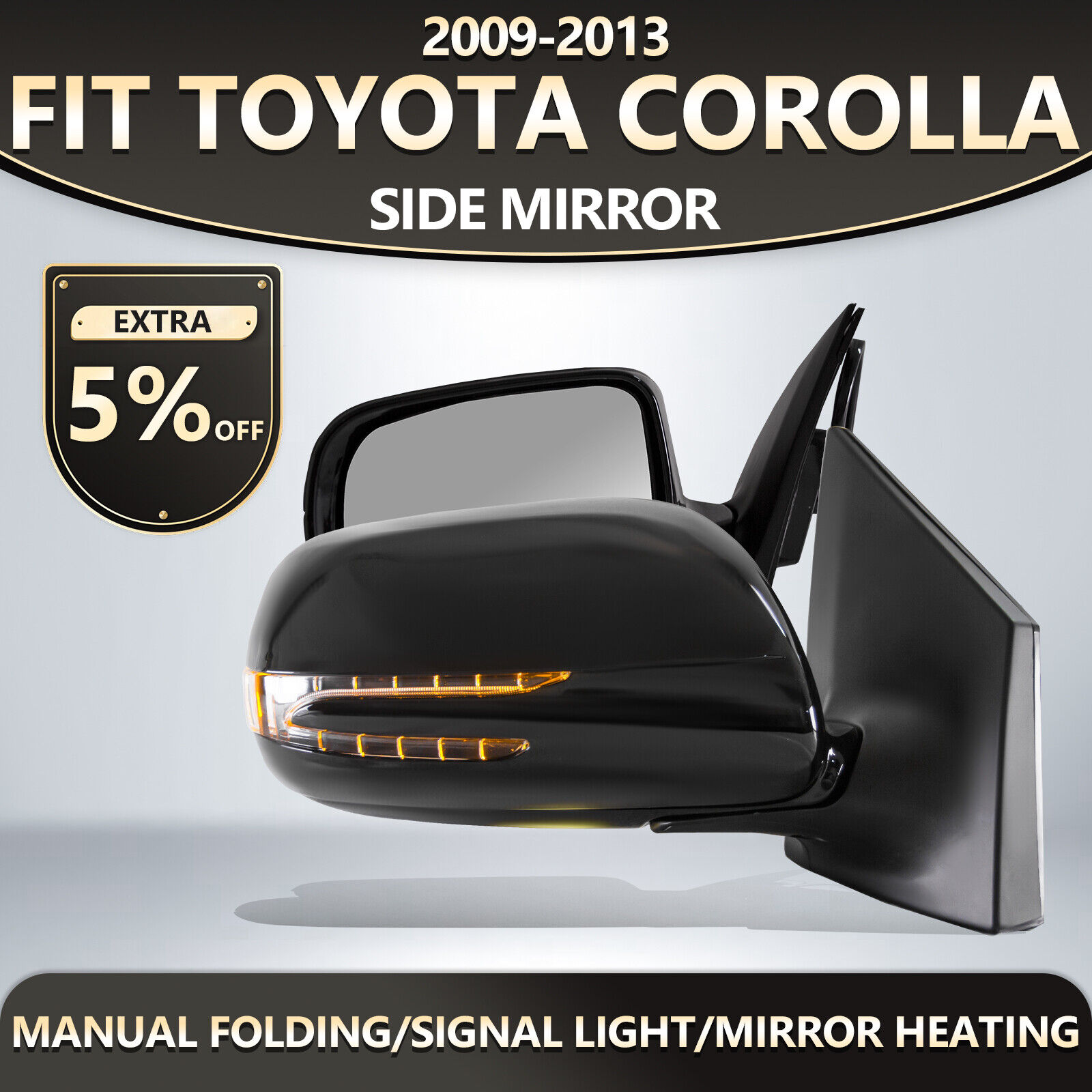 For 2009-2013 Toyota Corolla Side Mirrors Folding Pair Black LED 5 Pins