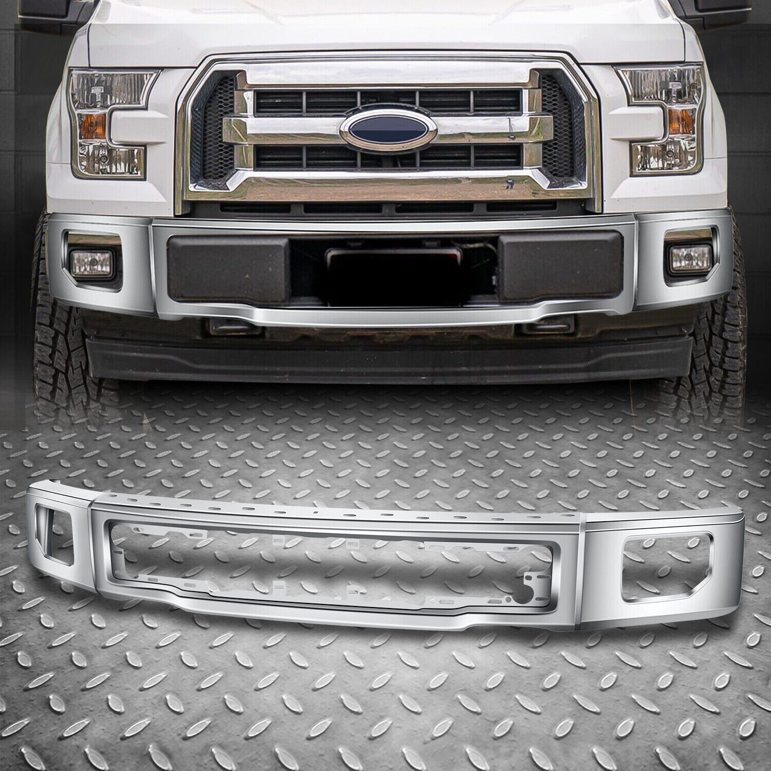 For 15-17 Ford F150 Chrome Stamped Steel Front Bumper Face Bar w/ Fog Light Hole