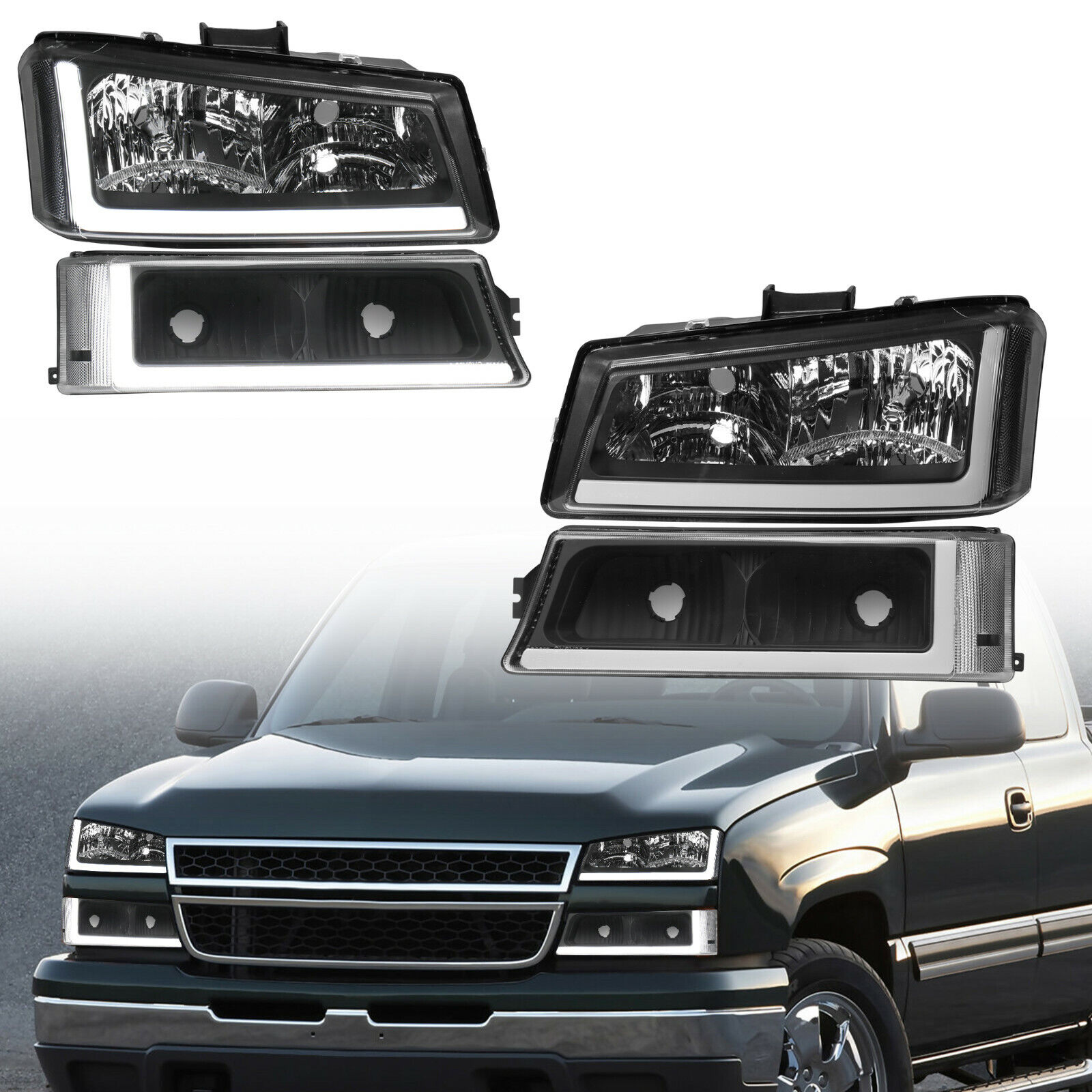 Pair LED DRL Headlight Front Lamp For 03-06 Chevrolet Silverado 1500 2500HD 3500