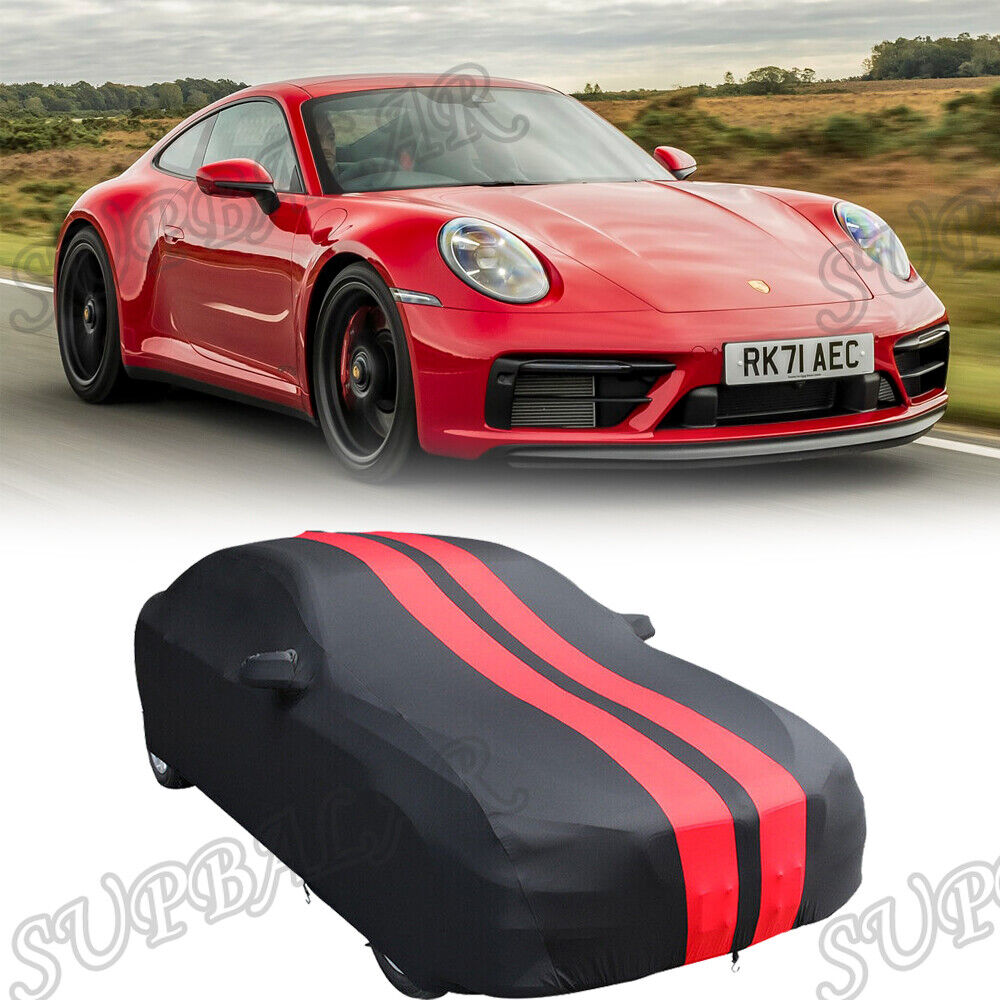 For Porsche 911 Turbo S Coupe Indoor Car Cover Satin Stretch Red Stripes /Black
