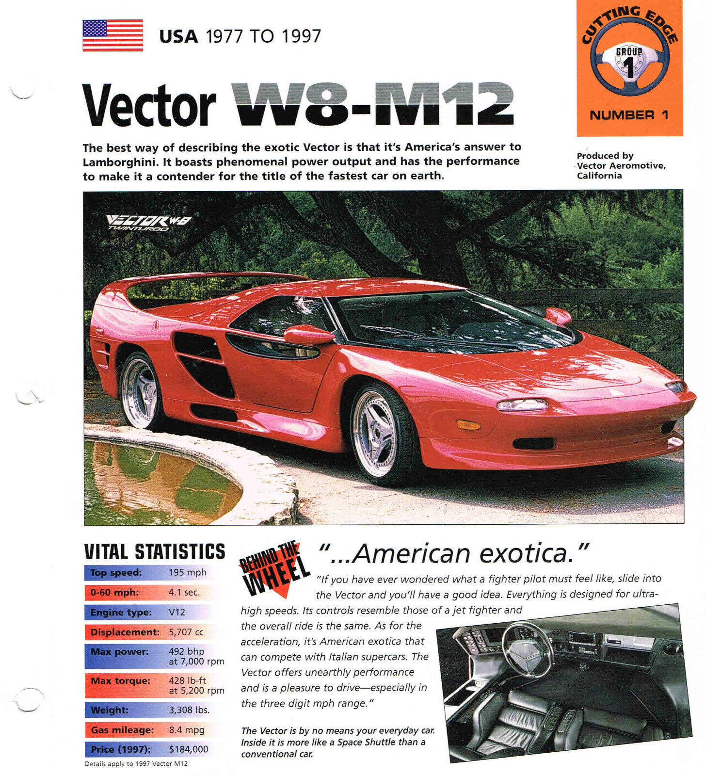 Pair {2} 1992 VECTOR W8/M12 SuperCar SPEC SHEET / Brochure / Pamphlet: W-8,M-12