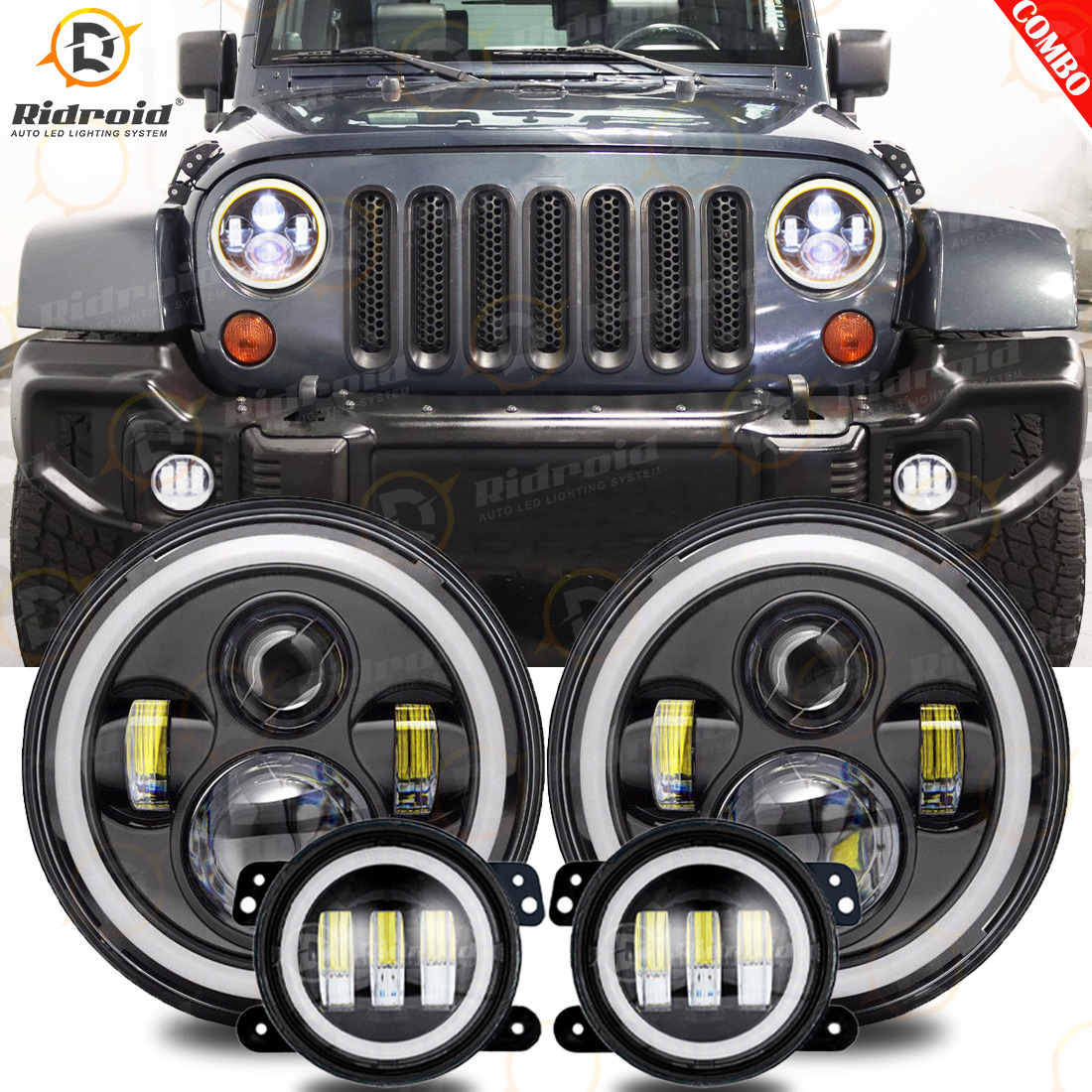 For Jeep Wrangler JK 2007-2018 Combo DOT 7'' LED Headlights DRL Fog Lights Kits