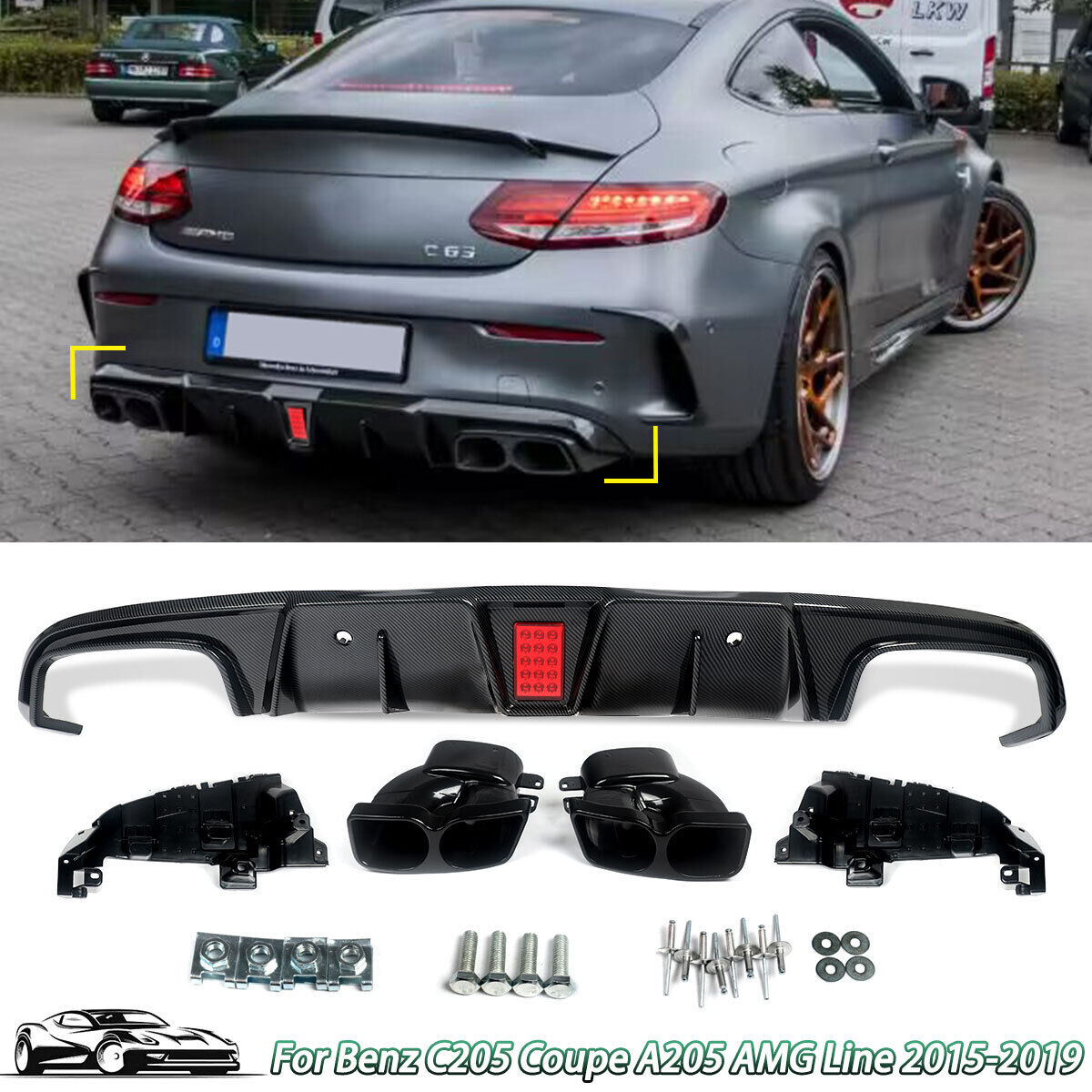 For 15-19 Benz Coupe C205 AMG C43 C63 Rear Diffuser &Tailpipe Carbon Look w/ LED