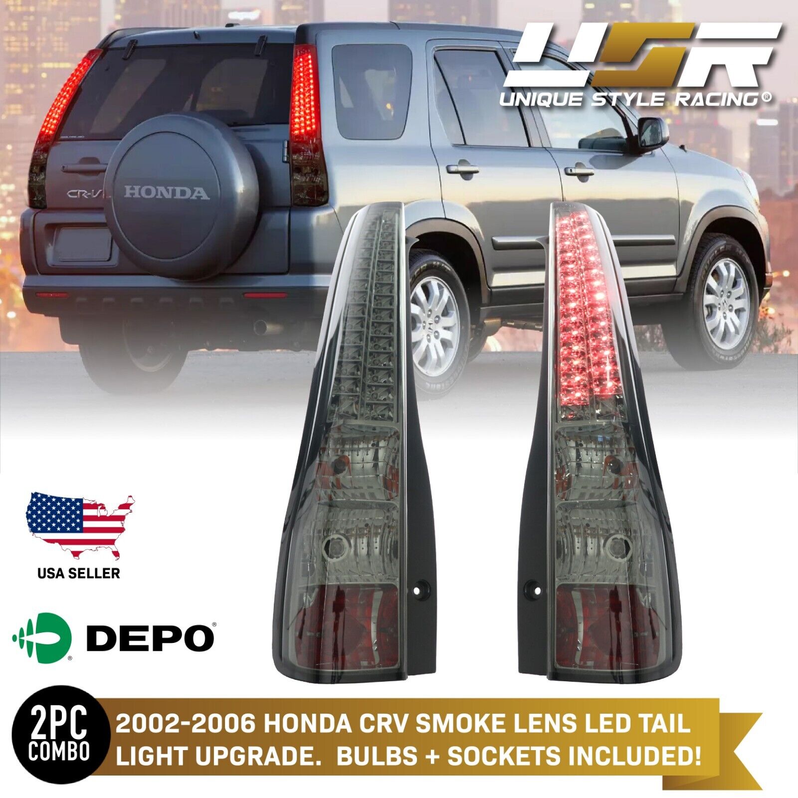 DEPO JDM Style Smoke LED Rear Brake Tail Light Pair For 2002-2006 Honda CRV CR-V