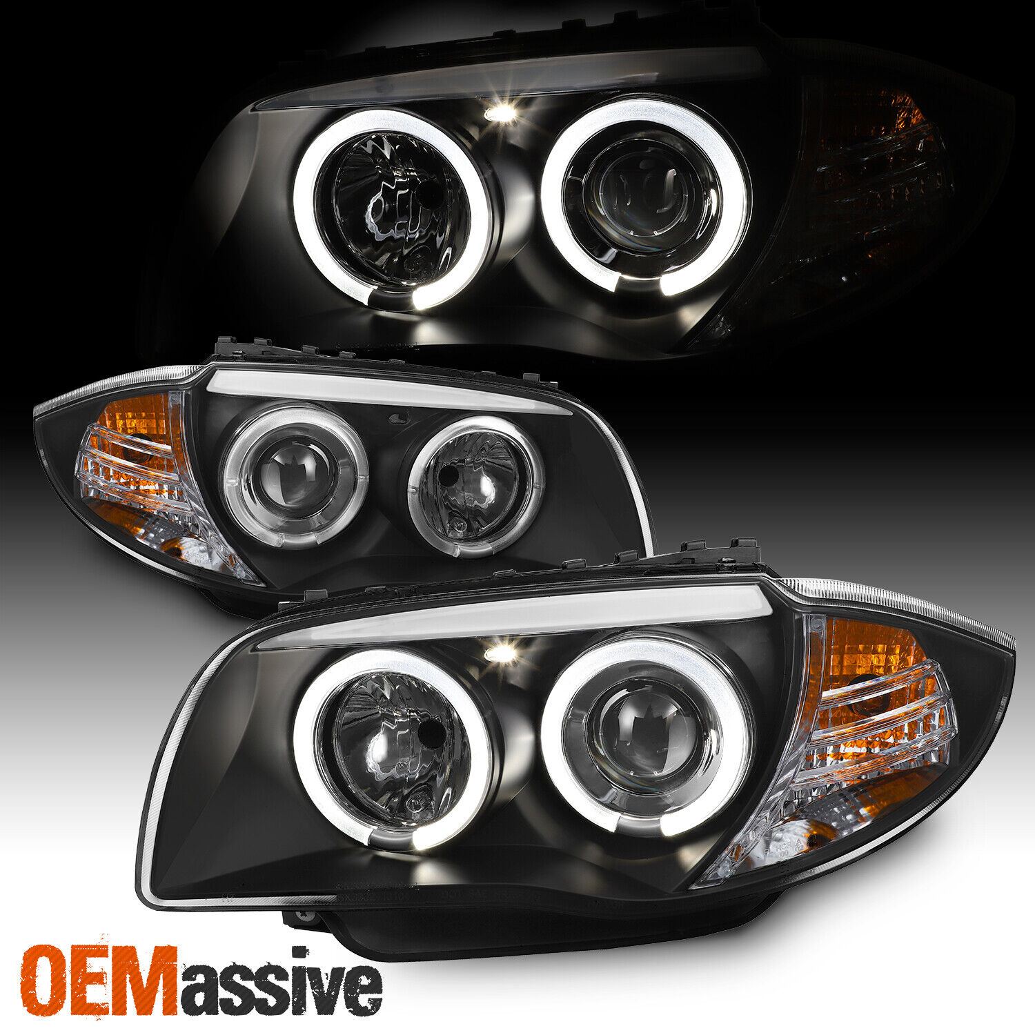 Fits 08-13 BMW E82 E88 1-Series Black Dual Halo Projector LED Headlights Lamps
