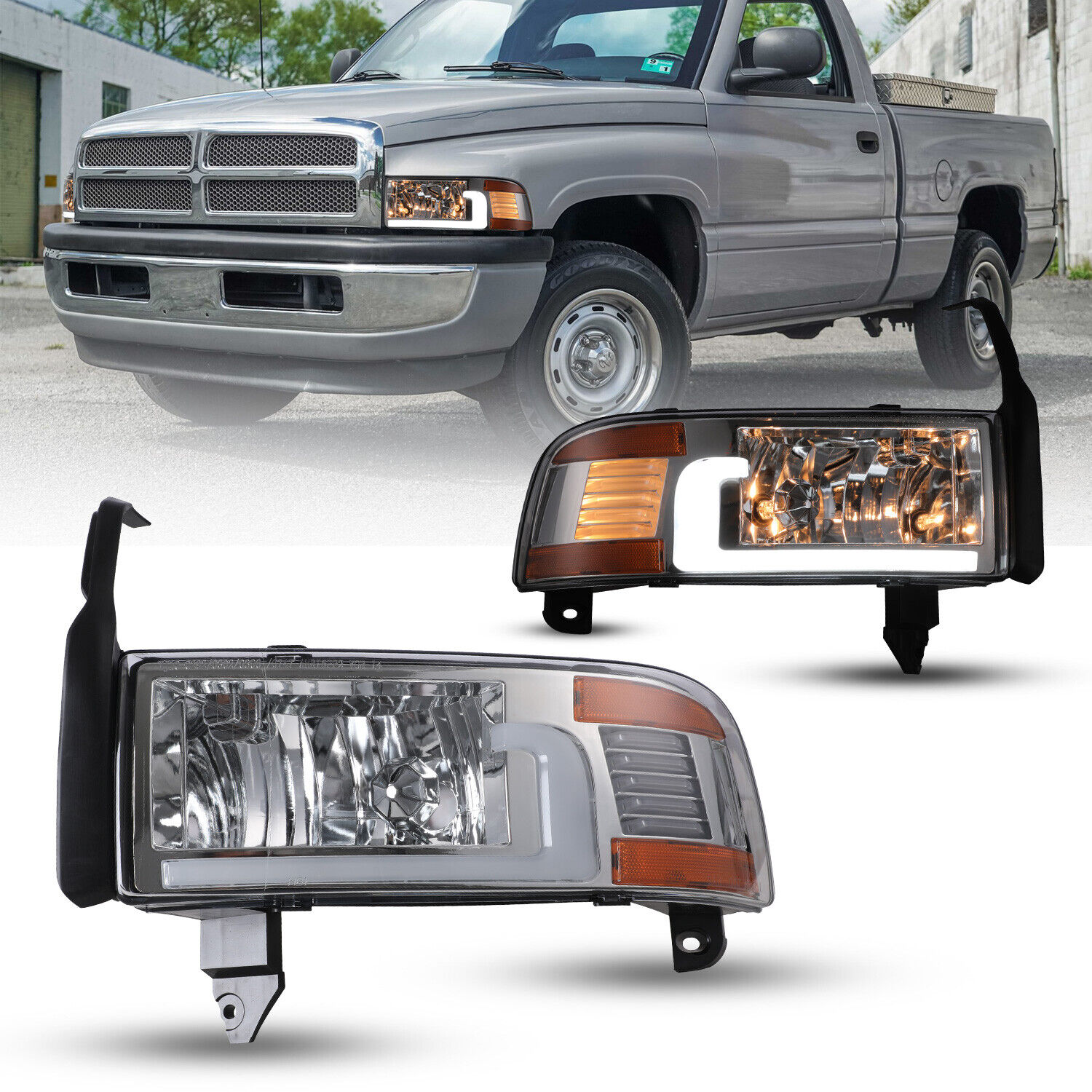 LED DRL Headlights For 1994-2002 Dodge Ram 1500 2500 3500 Headlamps Chrome Clear