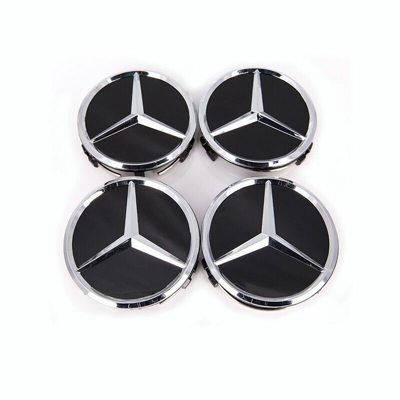 4PCS Mercedes Benz Black & Chrome 75MM Wheel Rim Center Hub Caps AMG OEM Upgrade