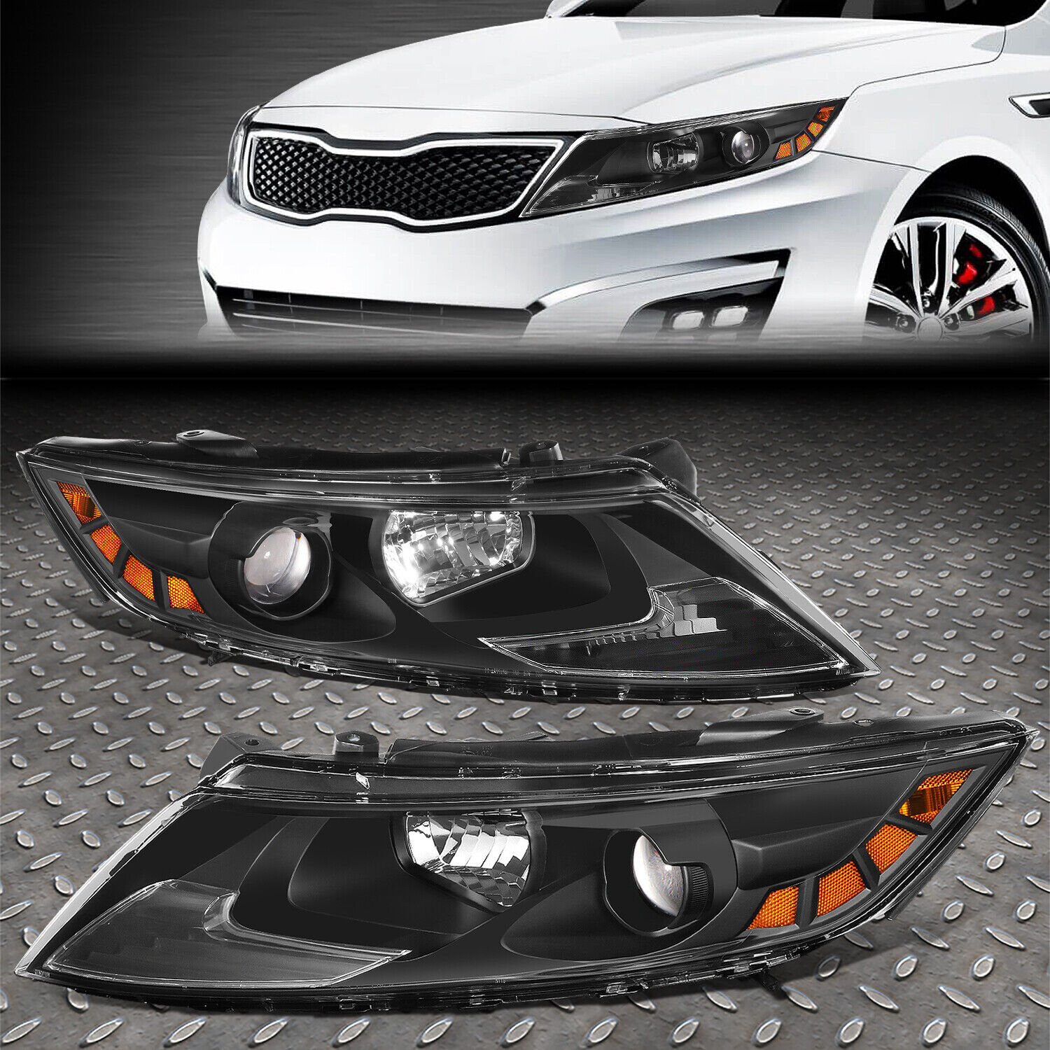 FOR 11-13 OPTIMA FACTORY STYLE PROJECTOR HEADLIGHT HEAD LAMPS SET BLACK/AMBER