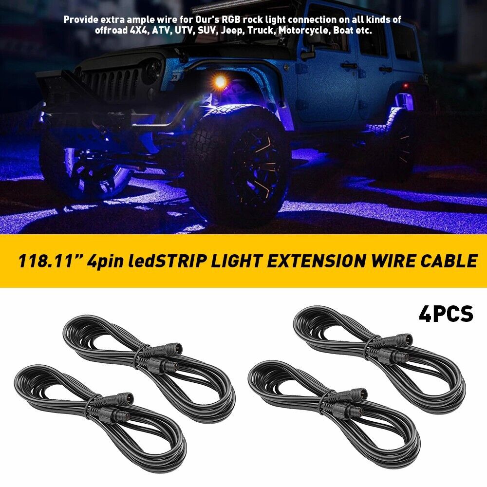 4X 10FT Extension Wire Cable Cord Kit For LED RGB Under Glow Rock Light 4Pin