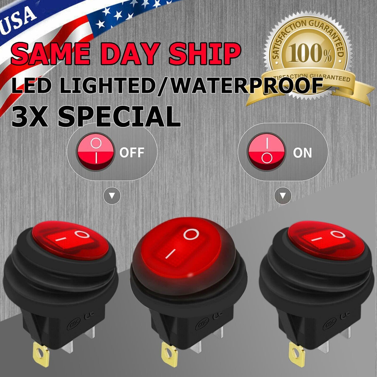3 pcs REd LED 12V 20A Car Boat ON/OFF Round Waterproof Rocker Toggle Switch US