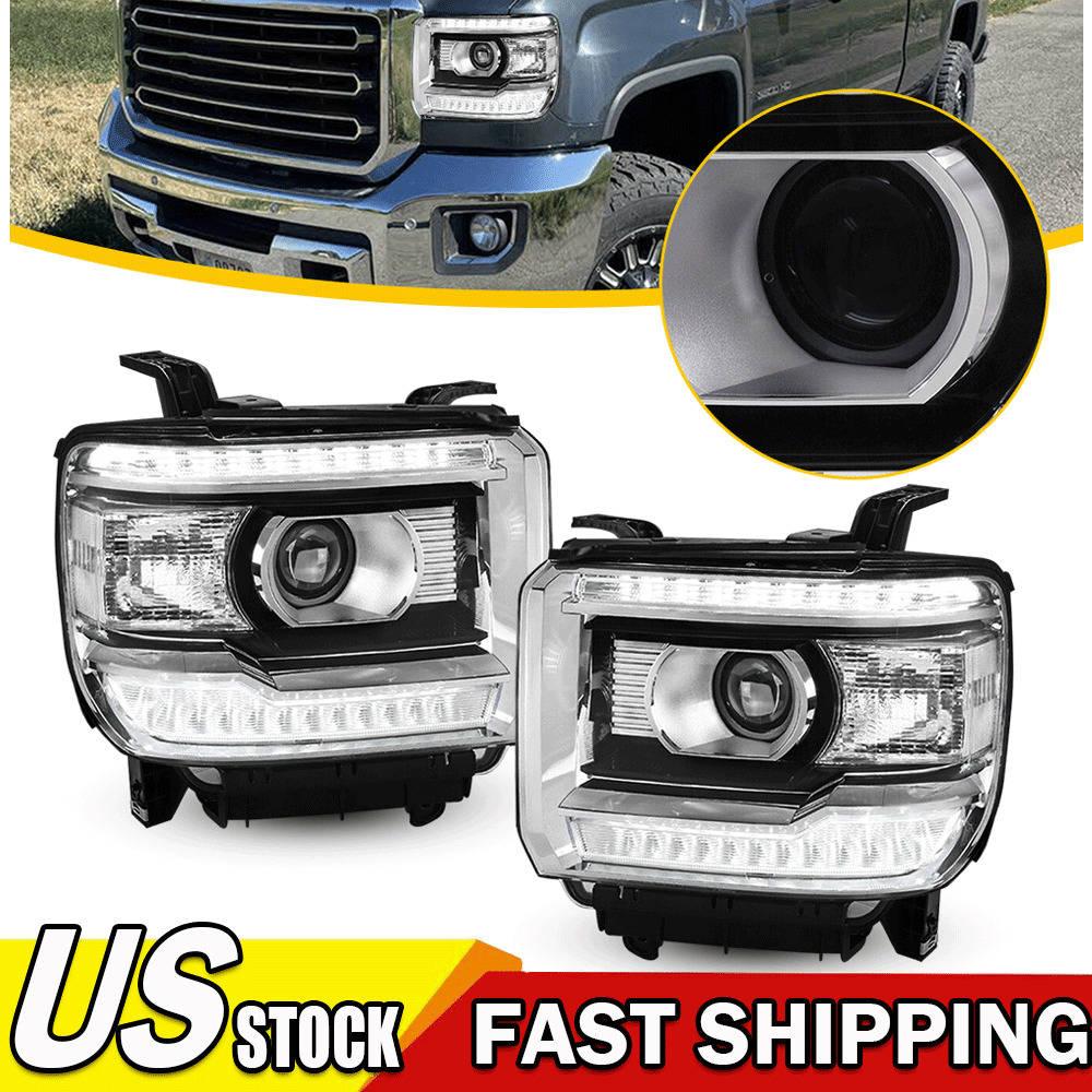 For 2014-2018 GMC Sierra 1500 2500 3500 Head Lights Lamp Clear LED DRL Projector