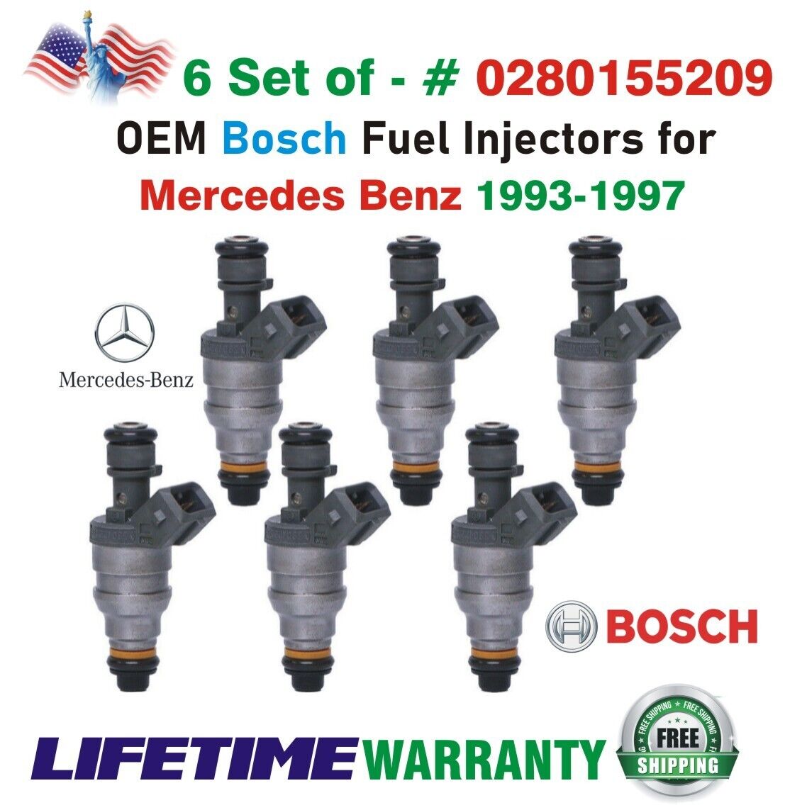 Genuine Bosch x6 Fuel Injectors for 1993-1997 Mercedes Benz I4 & I6 #0280155209