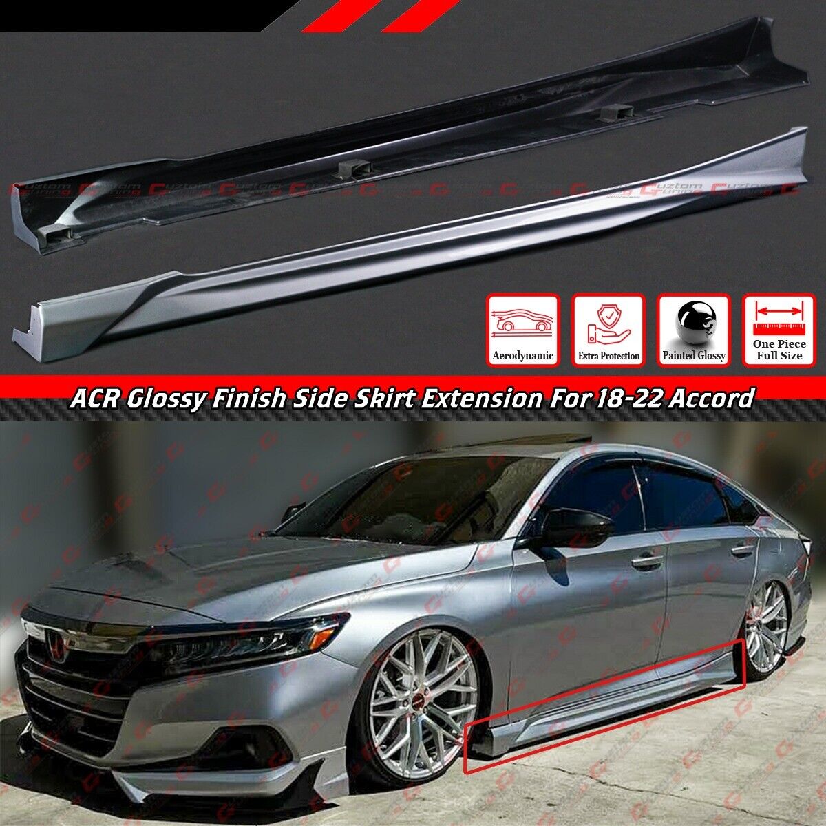 For 2018-22 Honda Accord ACR Lunar Silver Metallic Add On Side Skirt Extensions