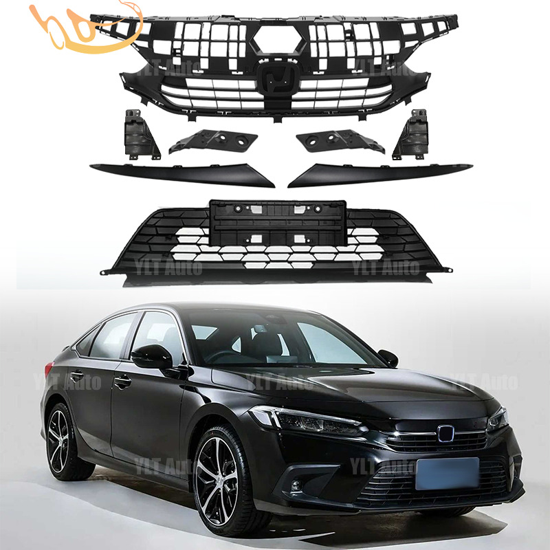 For 2022-2023 Honda Civic Front Bumper Upper&Lower Grille +Headlight Eyelid Set