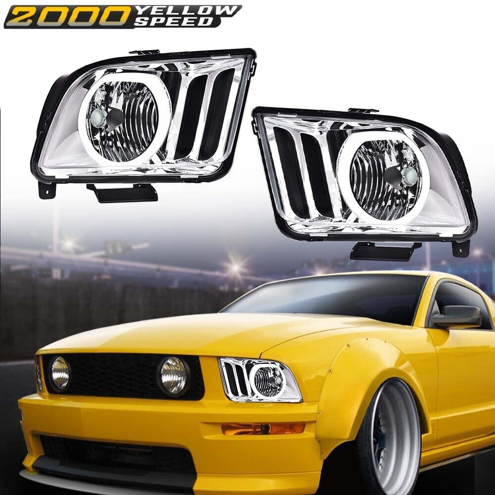 Fit For 2005-2009 Ford Mustang Chrome Clear Lens Halo Headlights Lamps 