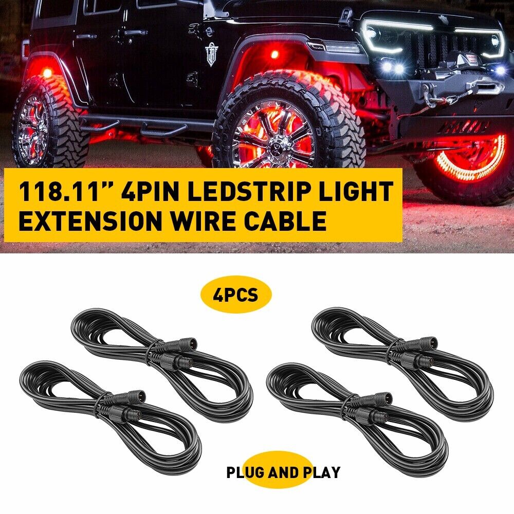 4X 10FT RGB Rock lights Extension Wire For LED Underbody Light 4PIN Waterproof