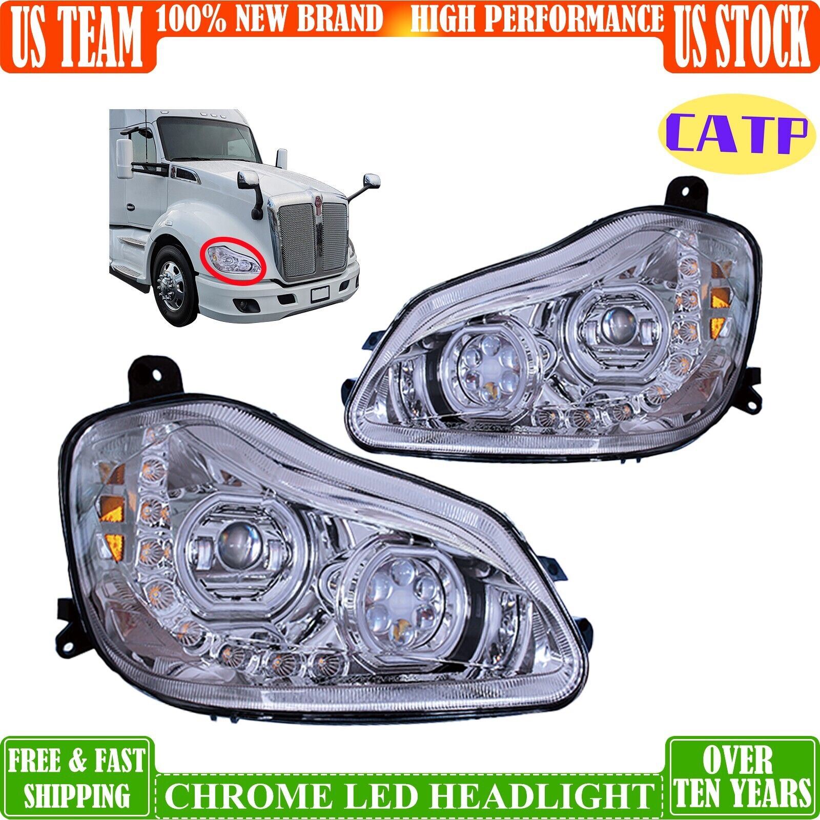 Kenworth T680 Full LED Headlights Sequential Turn Signals Chrome Pair 2013-2020