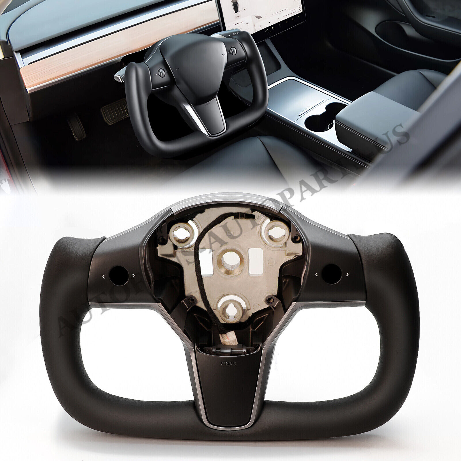 Black Yoke Steering Wheel Nappa leather w/ Heating For Tesla Model 3/Y 2017-2023