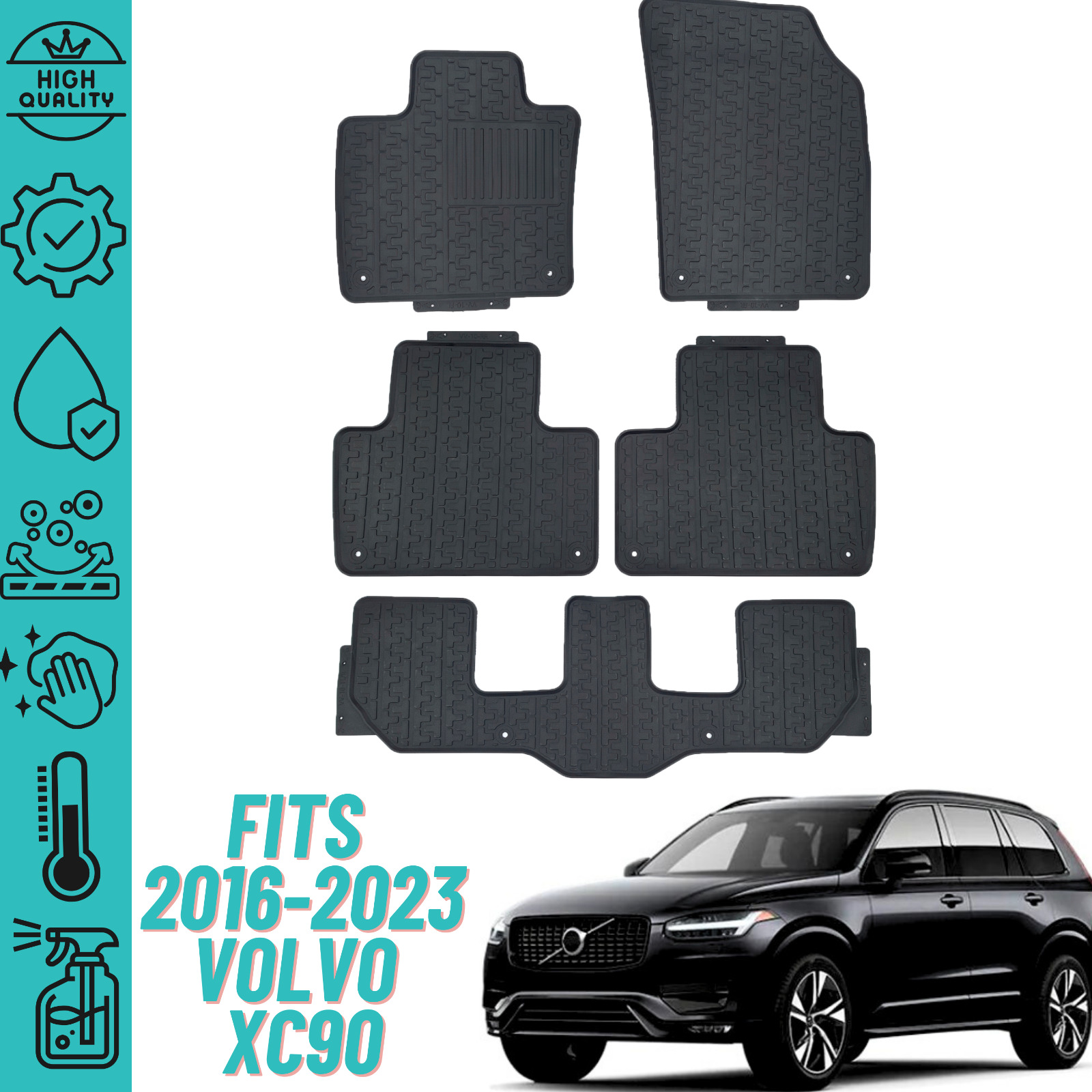 For 2016-2023 Volvo XC90 Floor Mats Heavy Duty All Weather Liner 3Row Set Rubber
