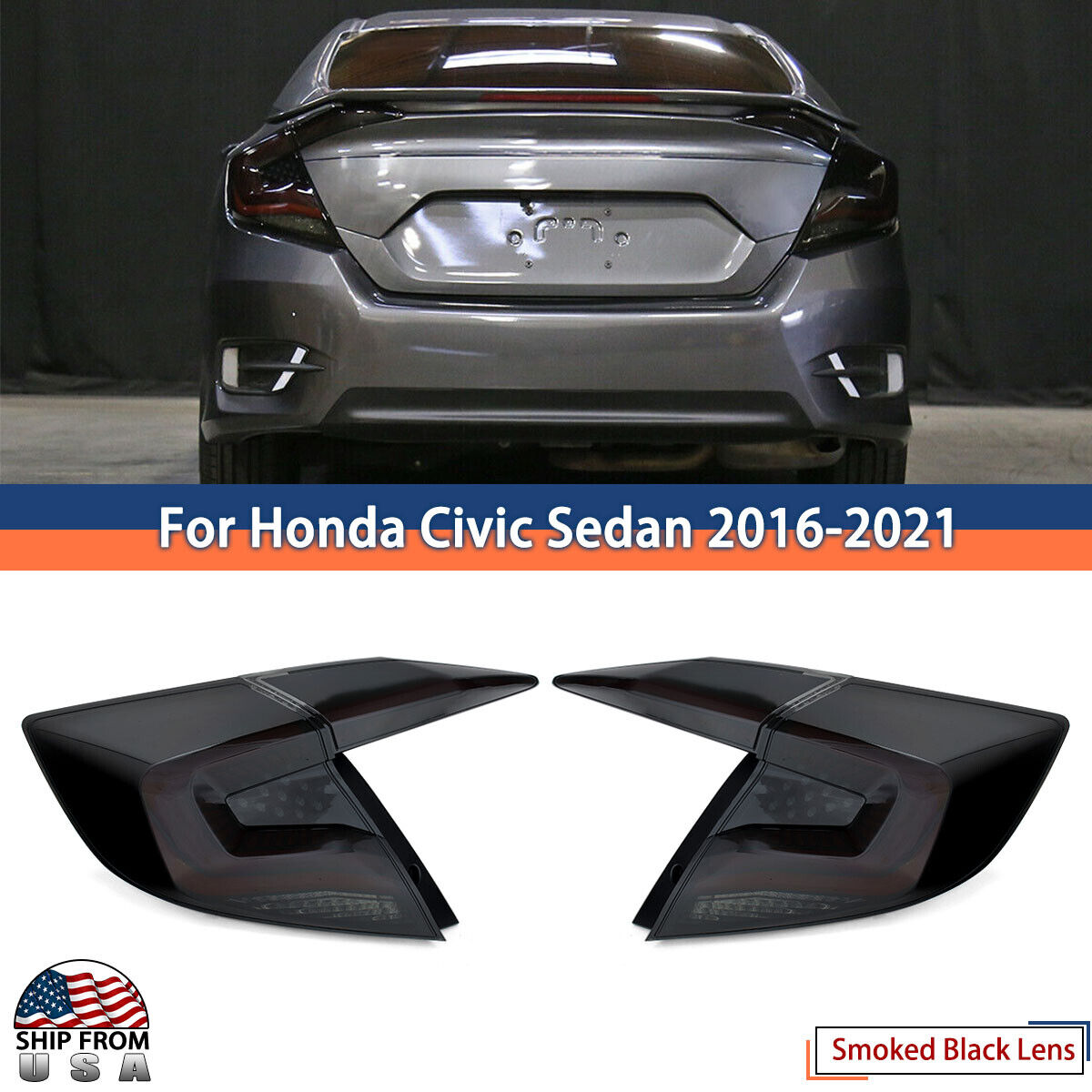 For 2016-2021 Honda Civic Sedan Smoke Black Tail Lights LED Sequential Signal