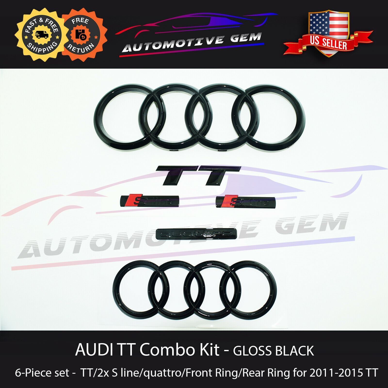 AUDI TT Emblem GLOSS BLACK Grill Trunk Ring S Line quattro Badge Kit 2011-2015
