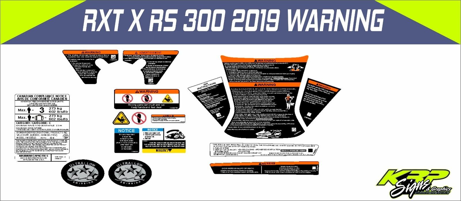SEADOO RXT X RS 300 2019 Graphics / Decal / Sticker Kit WARNING DECALS