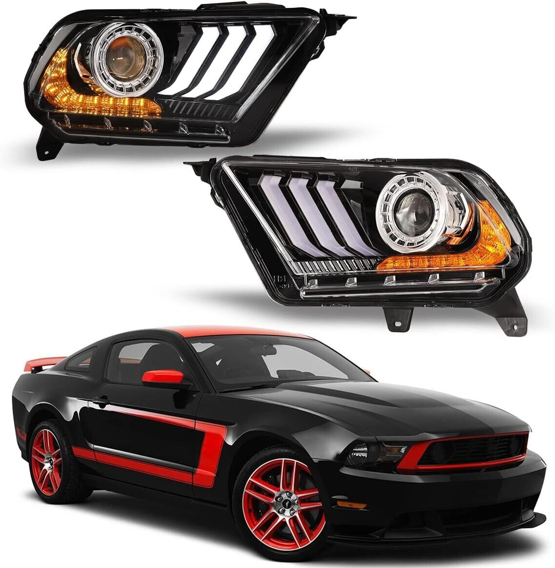 For 2010-2012 Ford Mustang Sequential LED Tube DRL Projector Headlights Headlamp