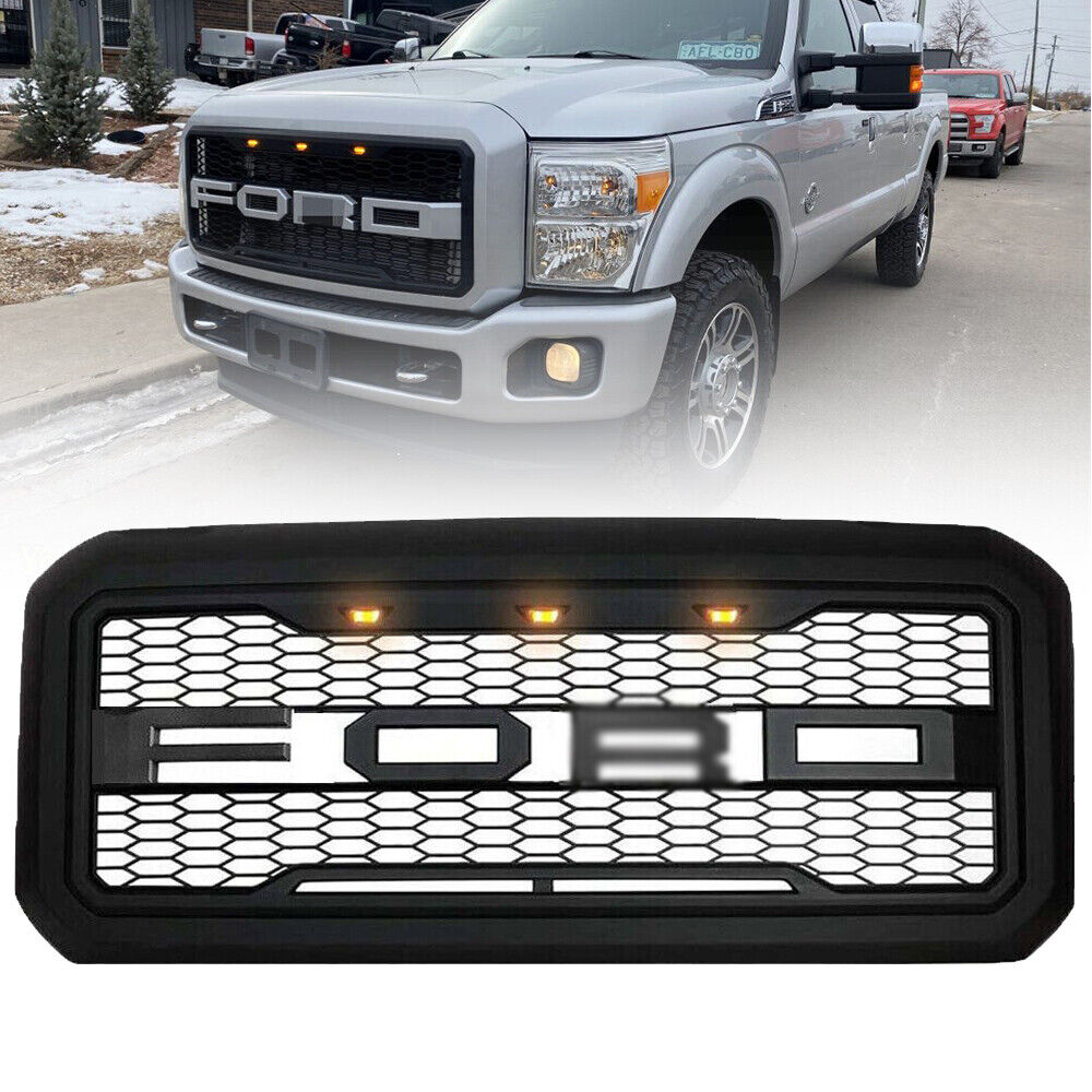 Front Grill For Ford F250 F350 2011-2016 Super Duty Raptor Style Matte Black LED