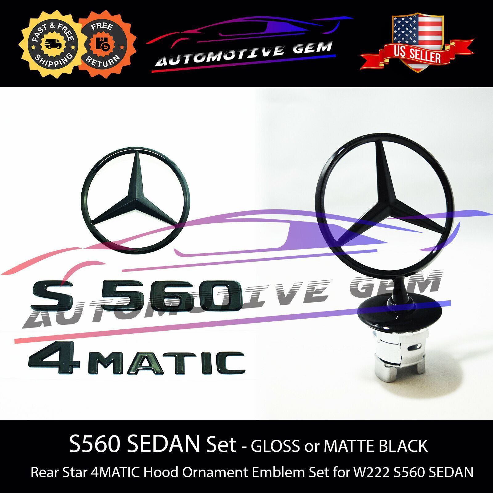 S560 4MATIC Rear Star Emblem Black Badge Logo Hood Ornament Mercedes W222 Sedan