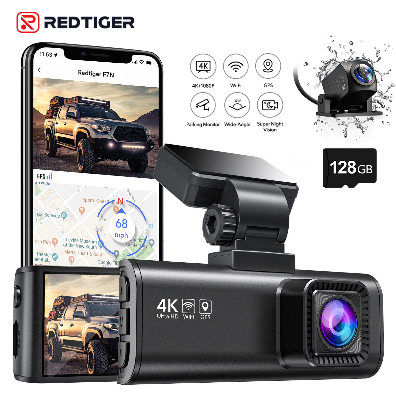 REDTIGER 4K Dual Dash Camera Front and Rear Dash Cam For Cars with 128GB SD Card