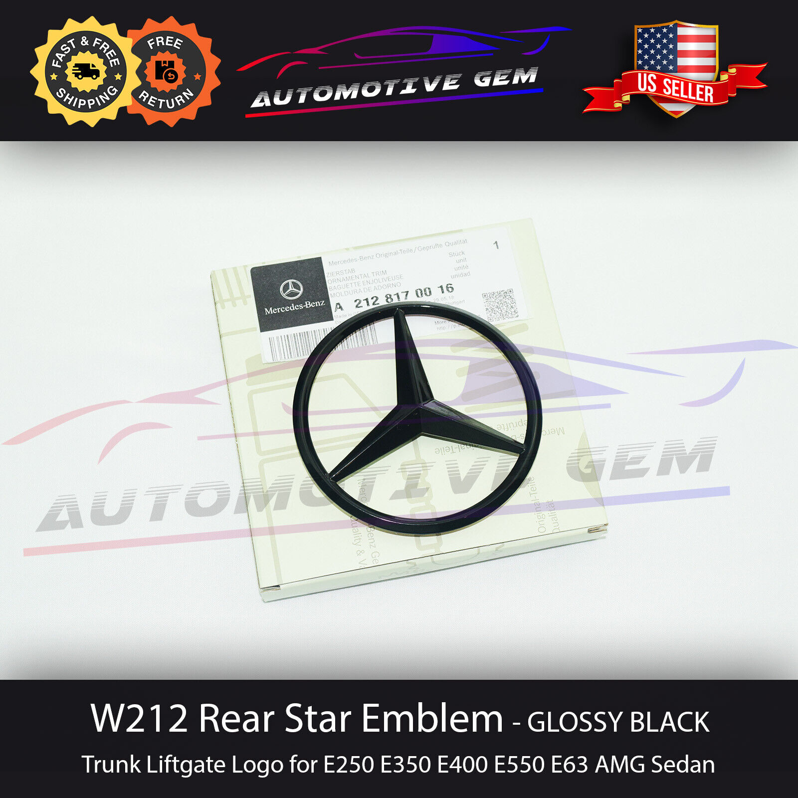 W212 SEDAN Mercedes GLOSS BLACK Star Emblem Rear Trunk Lid Logo Badge AMG E350