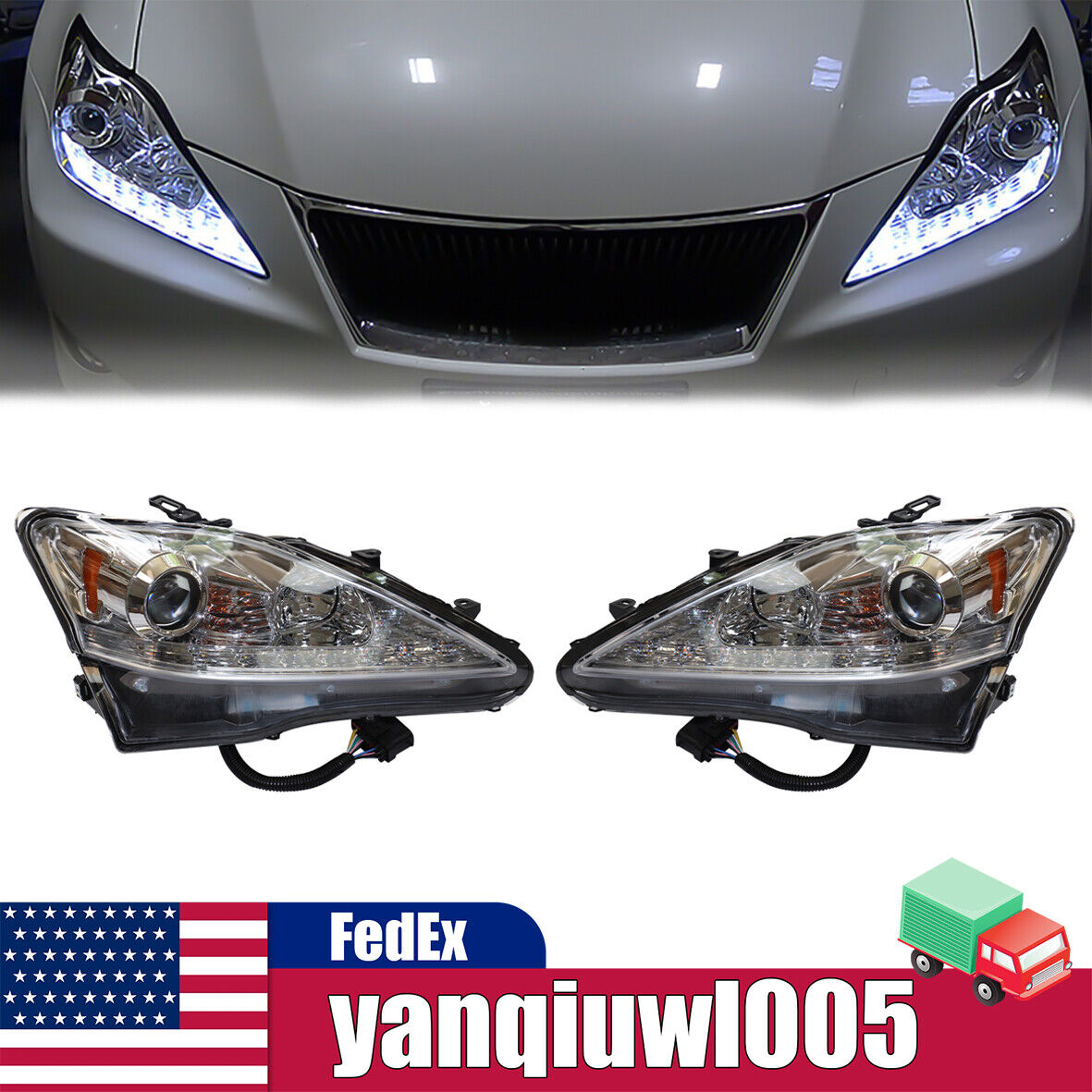 For 2006-2013 Lexus IS250 IS350 Left+Right LED DRL Projector Headlights Chrome