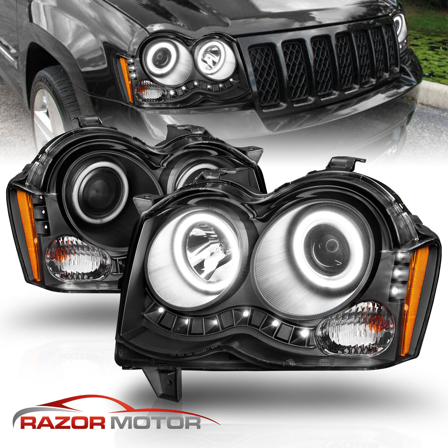 2008-2010 For Jeep Grand Cherokee LED Halo Projector Headlights Set