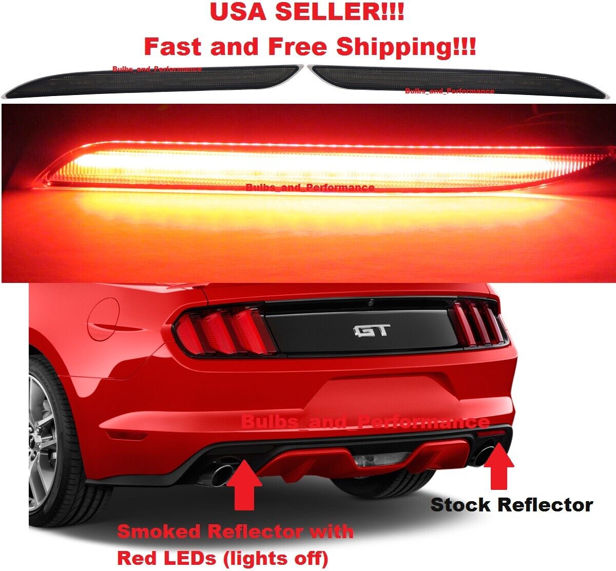 Smoked Lens Red LED Rear Bumper Reflector Lights For 2015 - 2017 Ford Mustang   