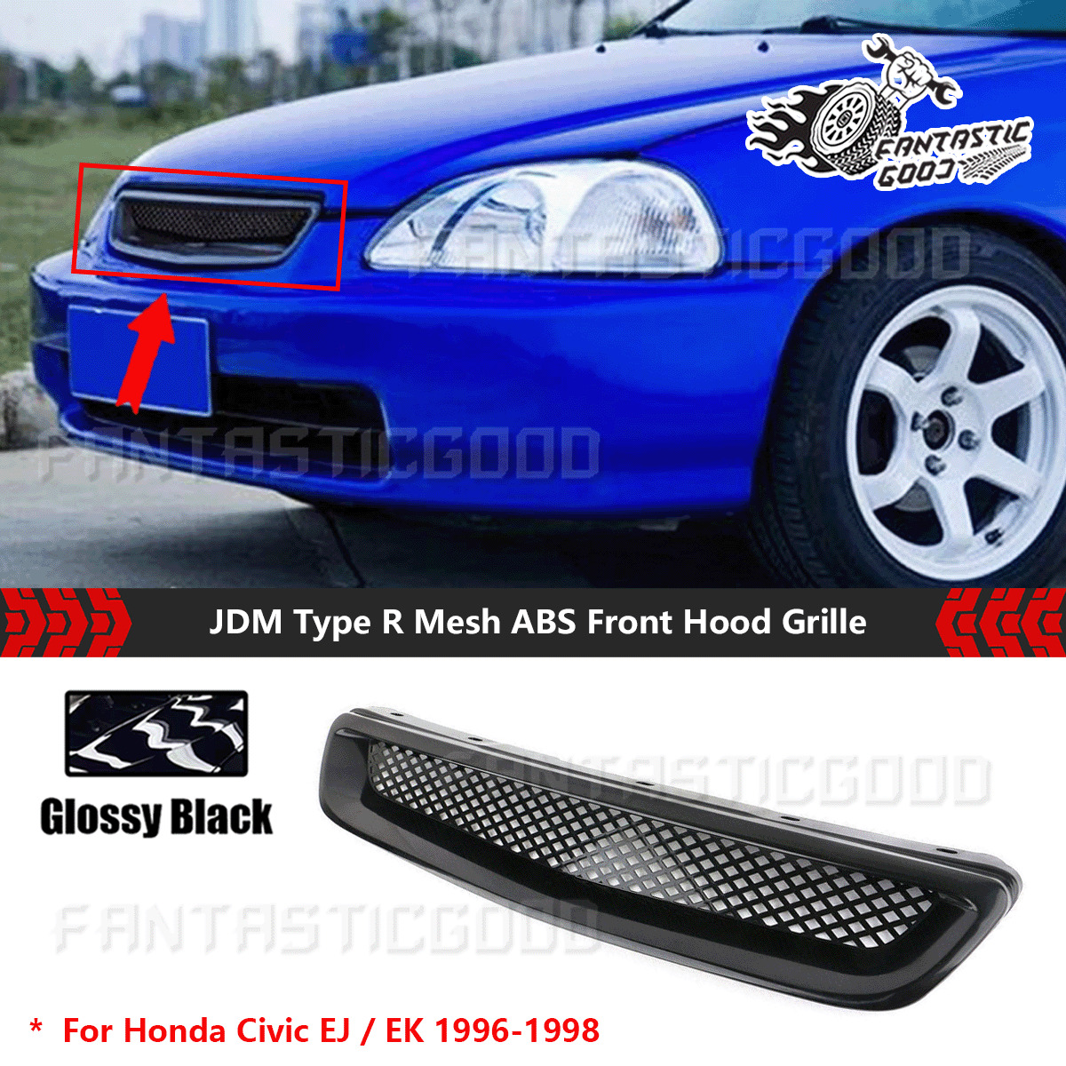 For Honda Civic EK/EJ 1996-98 JDM Type R Glossy Black Front Hood Grille Mesh ABS