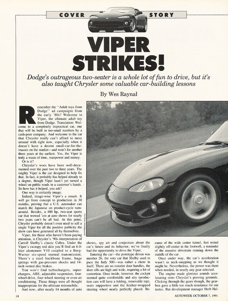 1991 Dodge Viper -  Classic Car Original Article J30