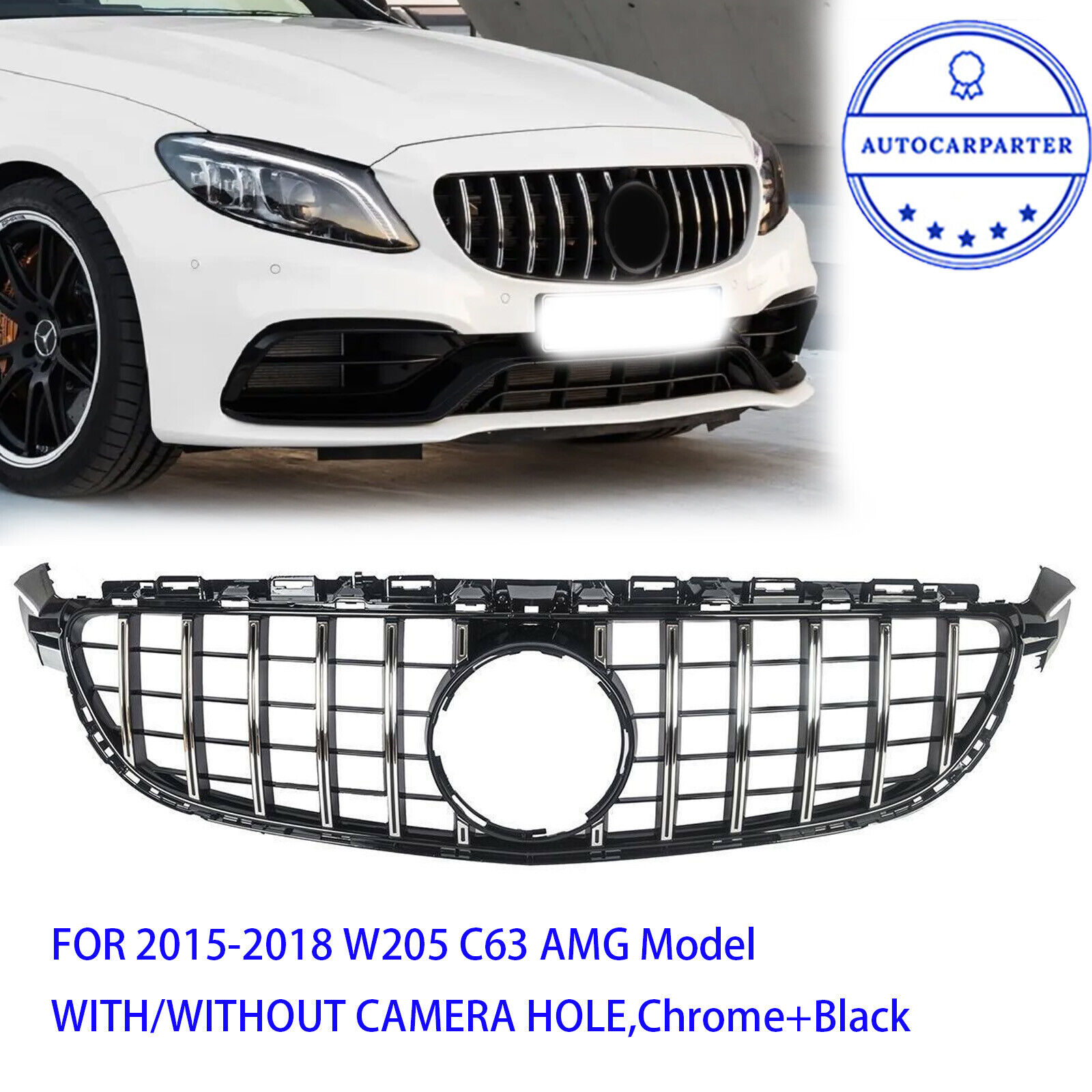 Chrome Black Front AMG GT Grille Grill For Mercedes Benz W205 C63 C63S 2015-2018