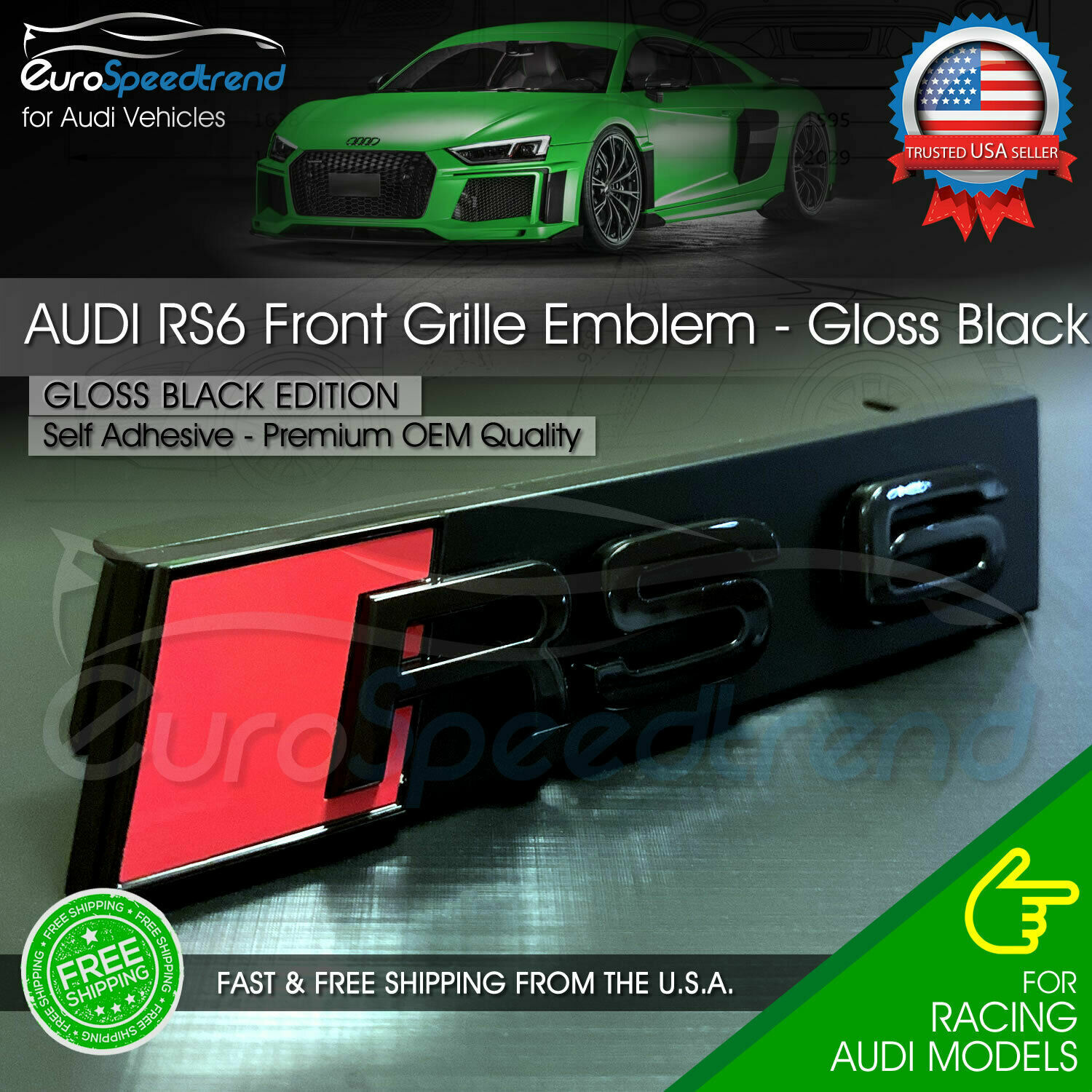 Audi RS6 Front Grill Emblem Gloss Black for RS6 A S6 Hood Grille Badge Nameplate